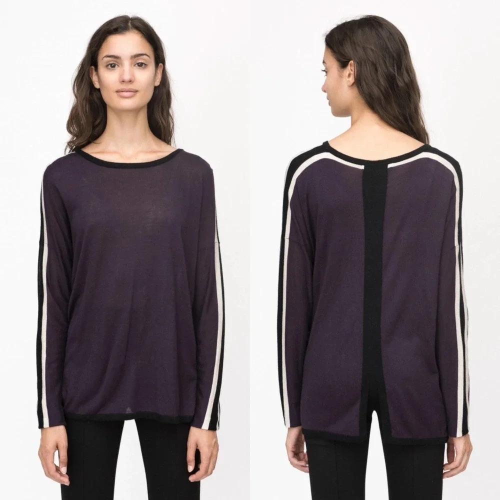 Kokun Back Slit Pop Stripe Crew Neck Bamboo Cashmere Sweater Purple Size Large